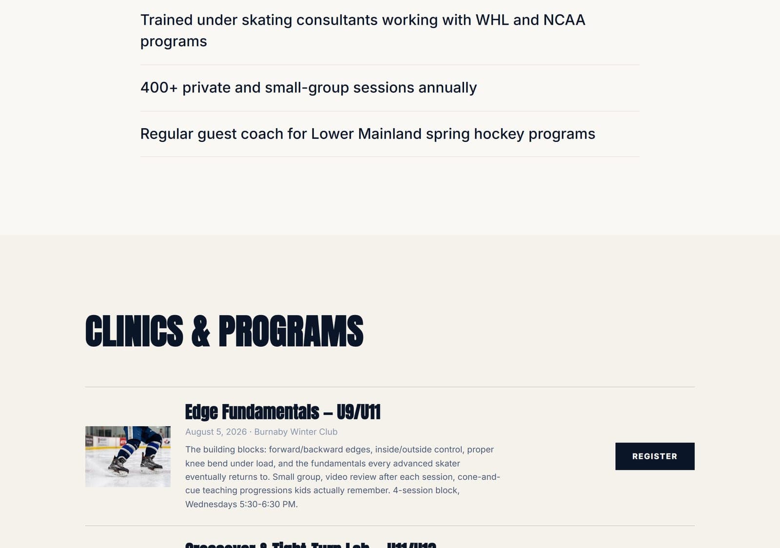 The clinics section of a hockey coach's page, listing sessions with dates, locations, descriptions and a Register button.