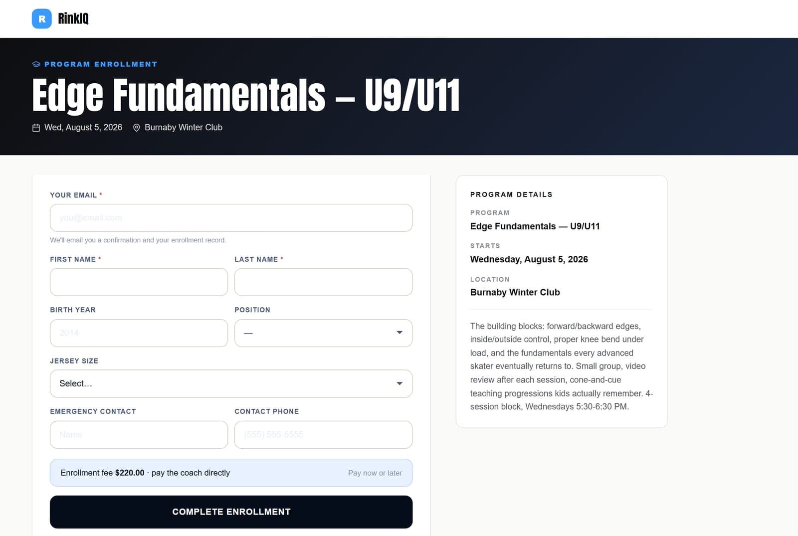 A hockey program registration page: a parent enters player details, birth year, jersey size and emergency contact, with the enrollment fee shown above a Complete Enrollment button.